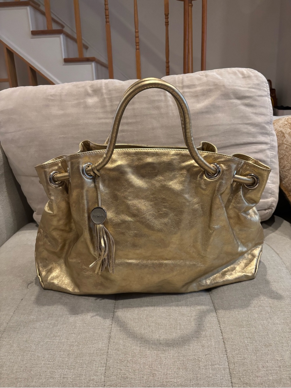 Furla Gold Metallic Leather Carmen Shopper Tote  Handbag